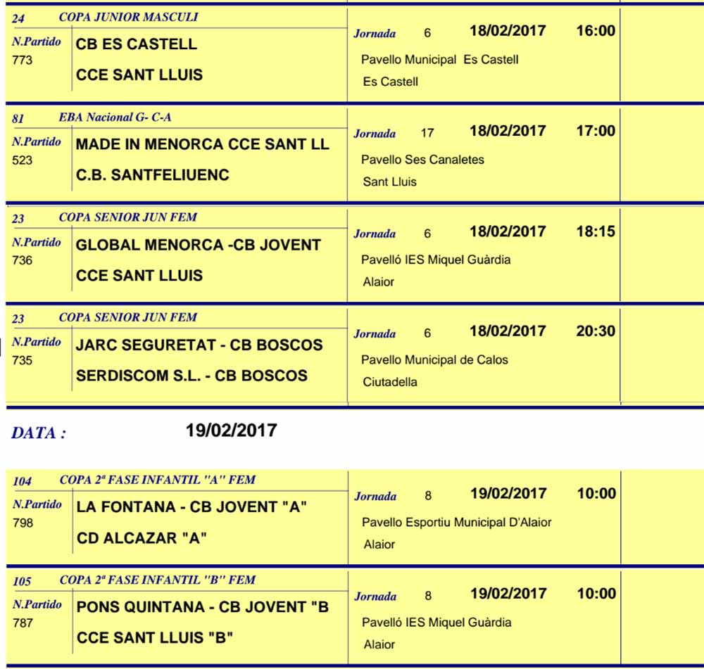 Horaris Basquet de Menorca