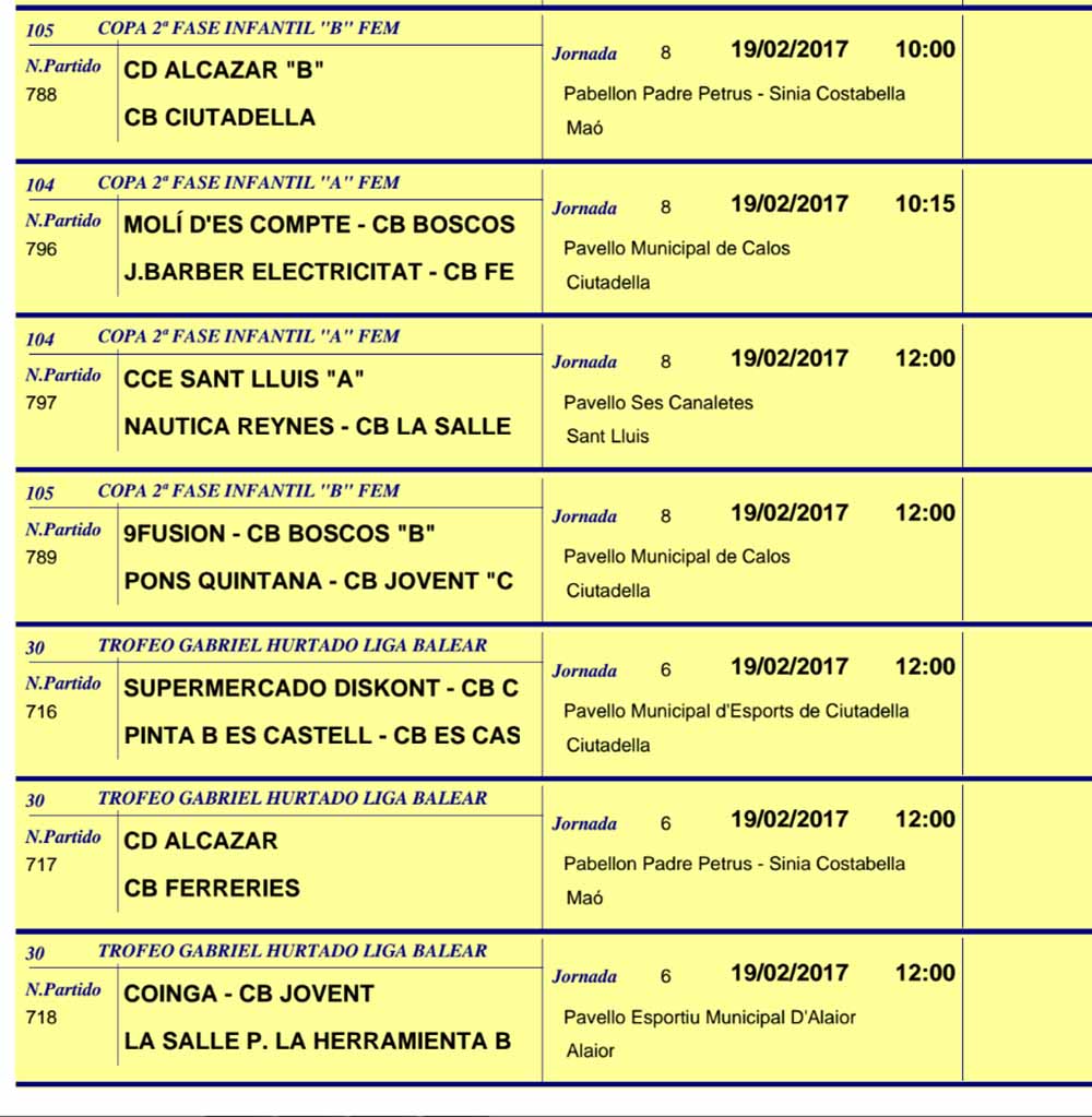 Horaris Basquet de Menorca