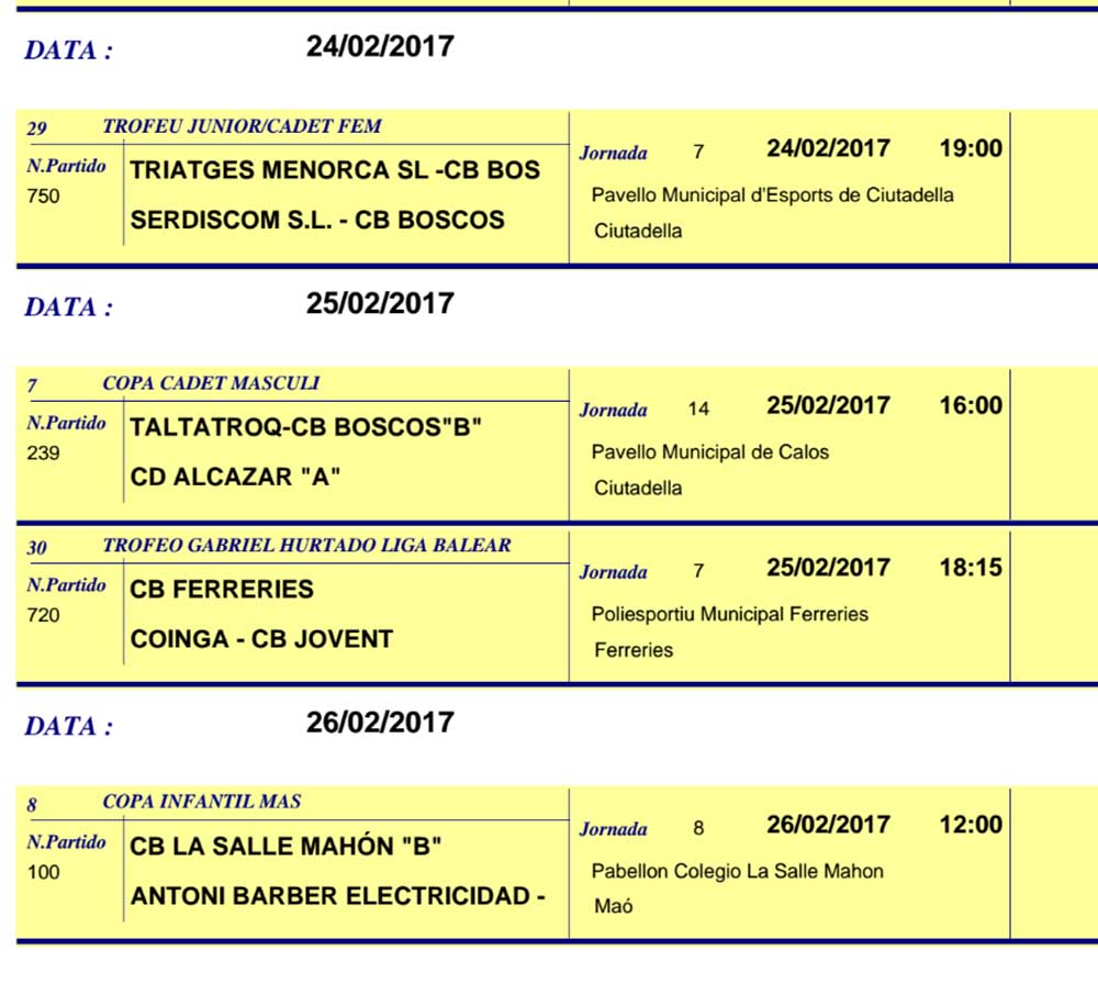 Horaris Basquet de Menorca
