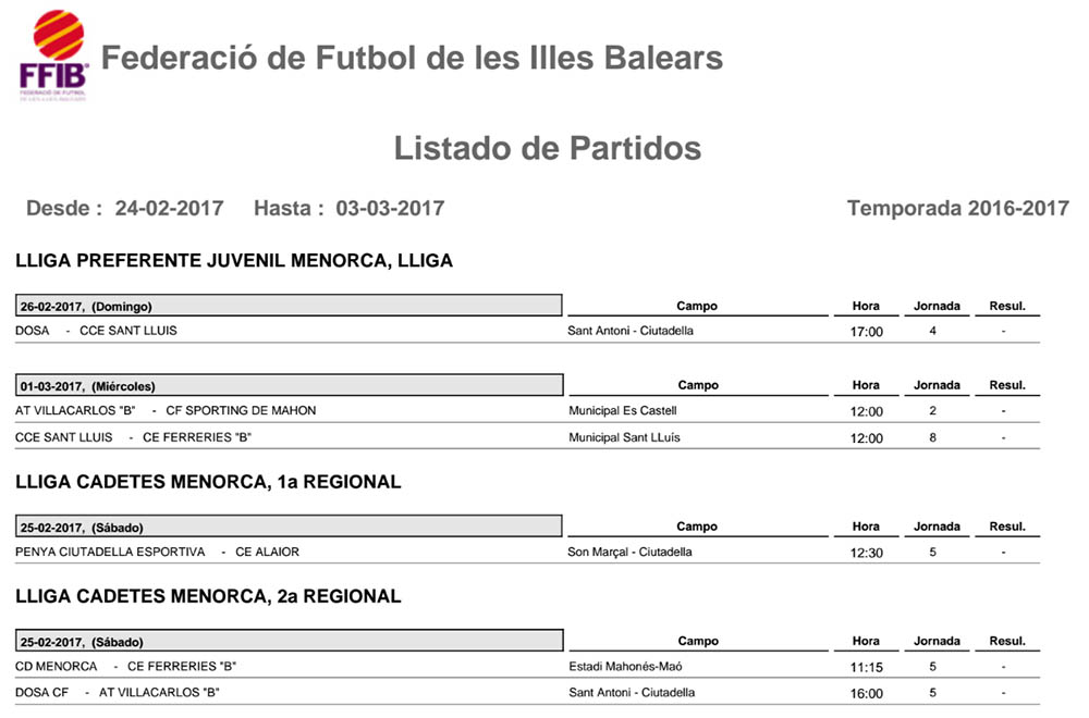 Horaris futbol de Menorca