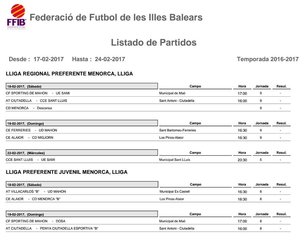 Horaris futbol de Menorca