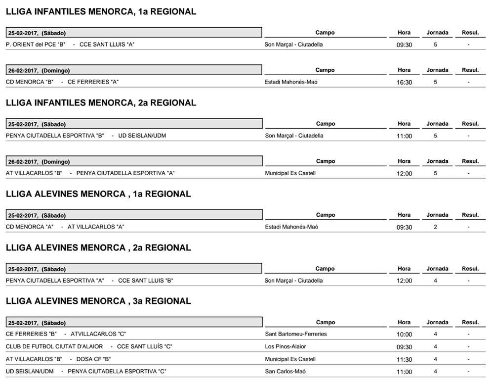 Horaris futbol de Menorca
