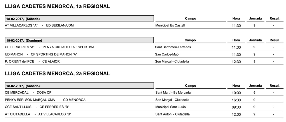 Horaris futbol de Menorca