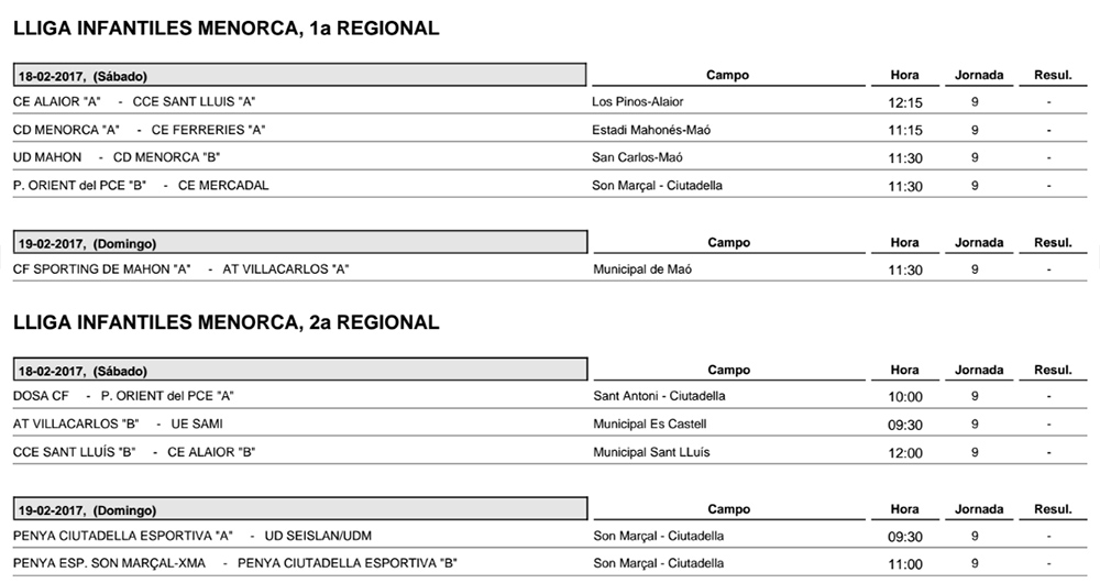 Horaris futbol de Menorca