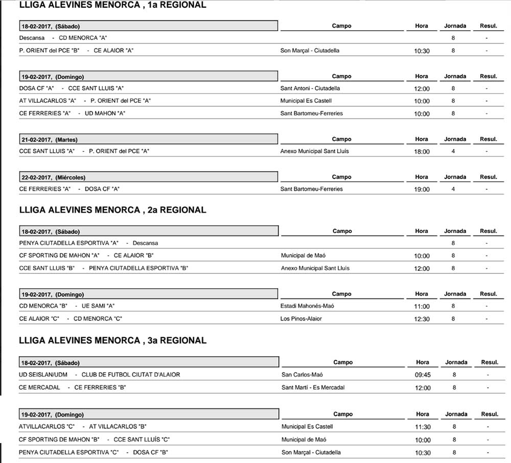 Horaris futbol de Menorca