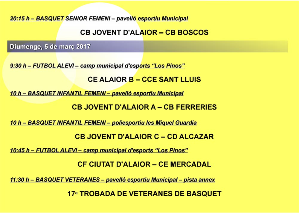Agenda Esportiva d’Alô des 3 as 5 de març de 2017