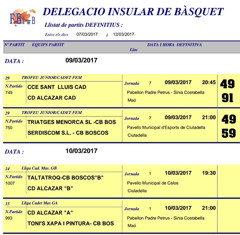 Horaris Basquet de Menorca