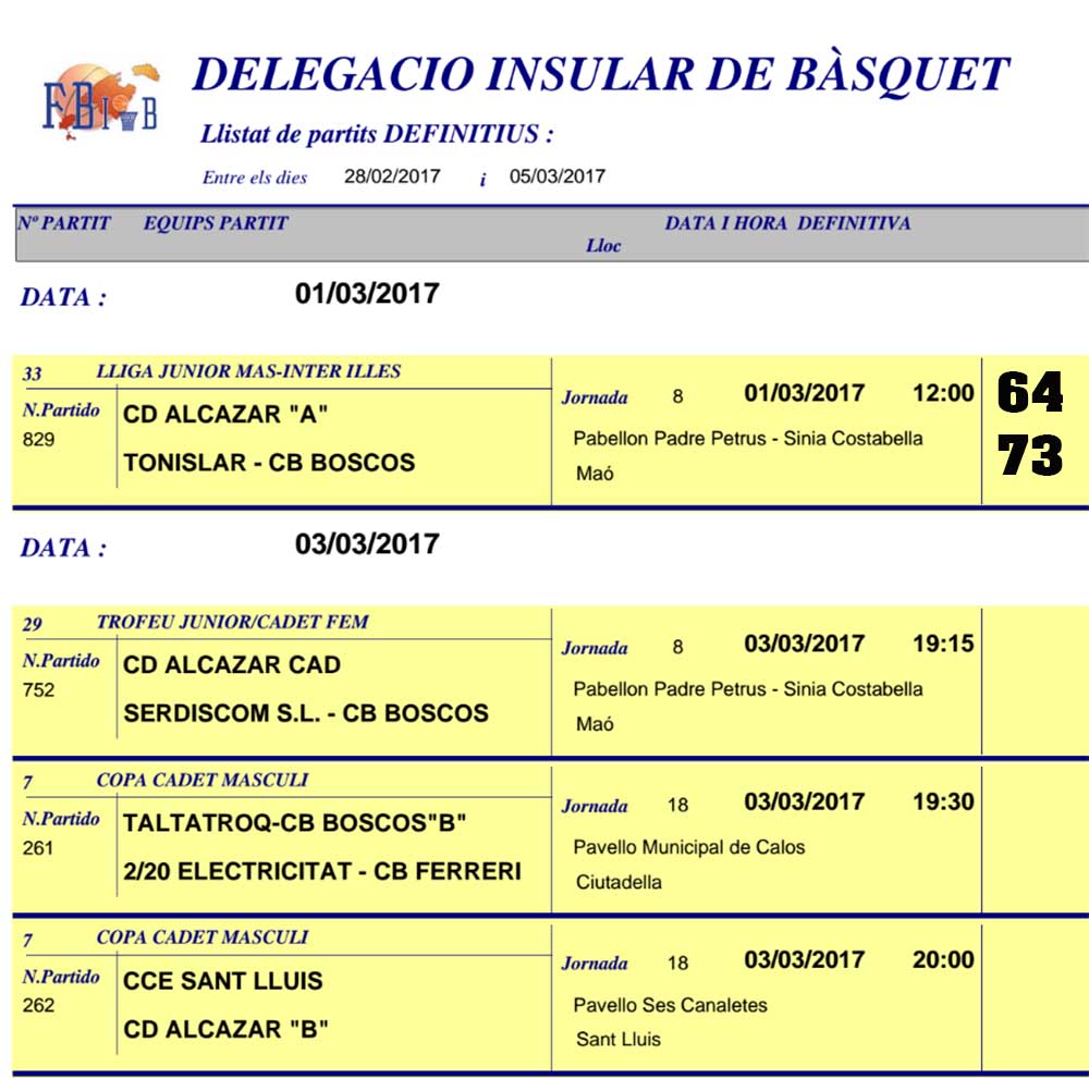 Horaris Basquet de Menorca