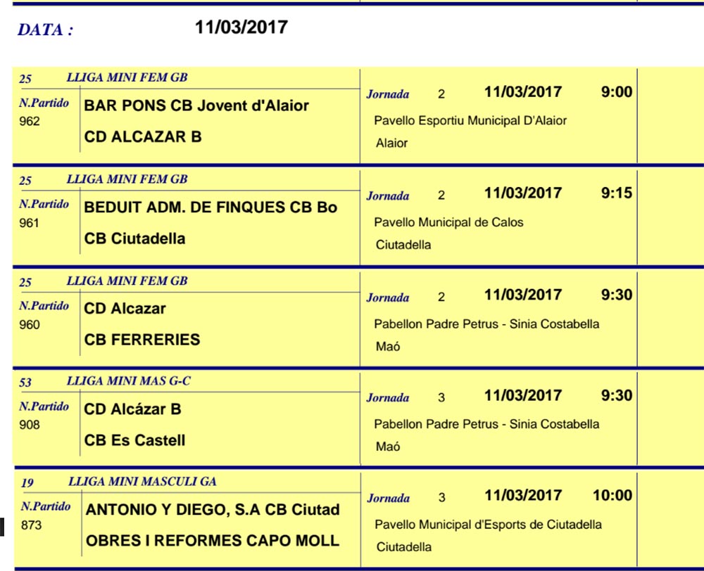 Horaris Basquet de Menorca