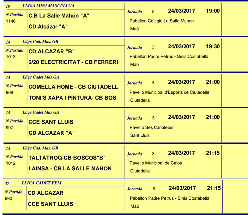 Horaris Basquet de Menorca