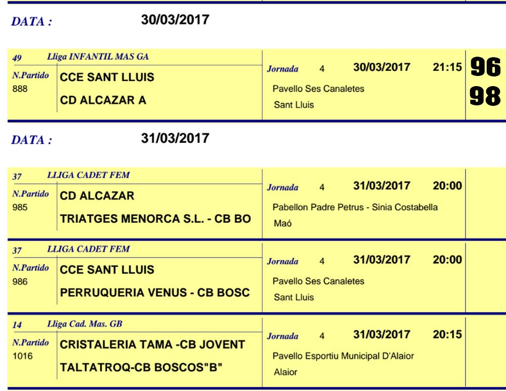 Horaris Basquet de Menorca