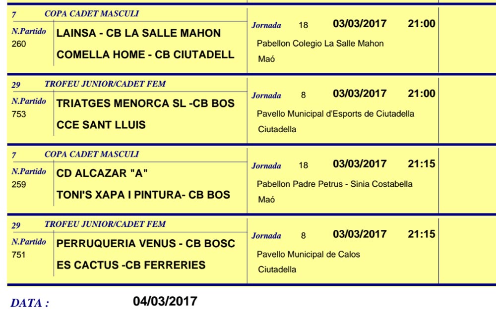Horaris Basquet de Menorca