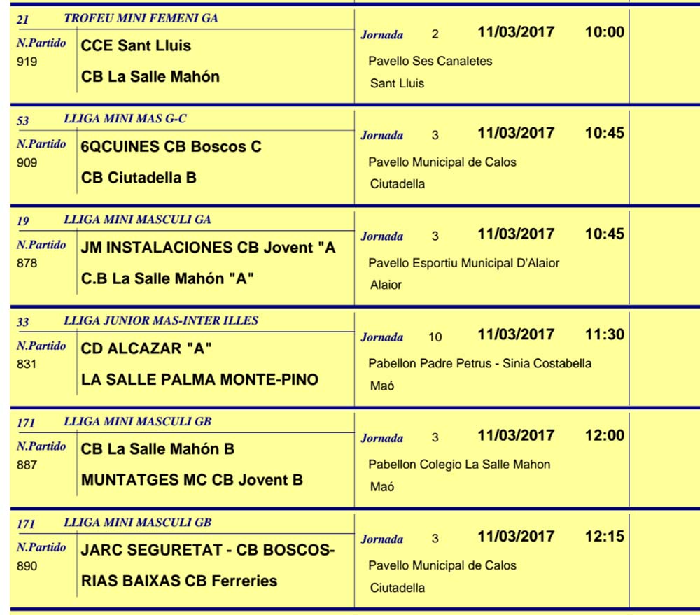 Horaris Basquet de Menorca