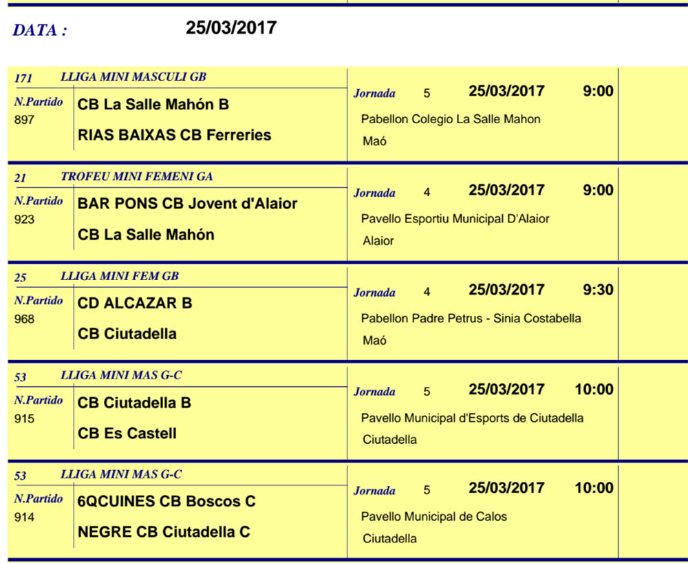 Horaris Basquet de Menorca