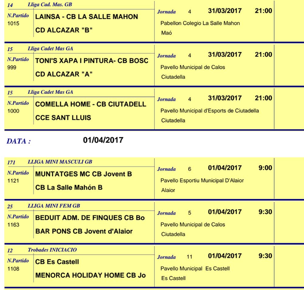 Horaris Basquet de Menorca