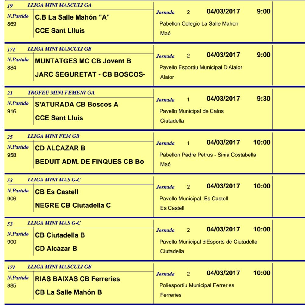 Horaris Basquet de Menorca