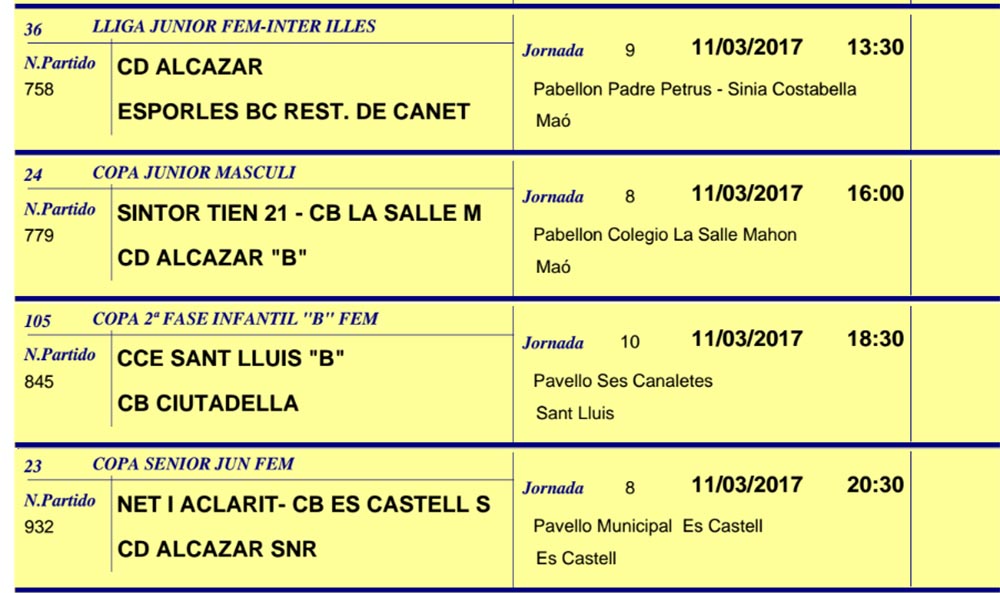 Horaris Basquet de Menorca