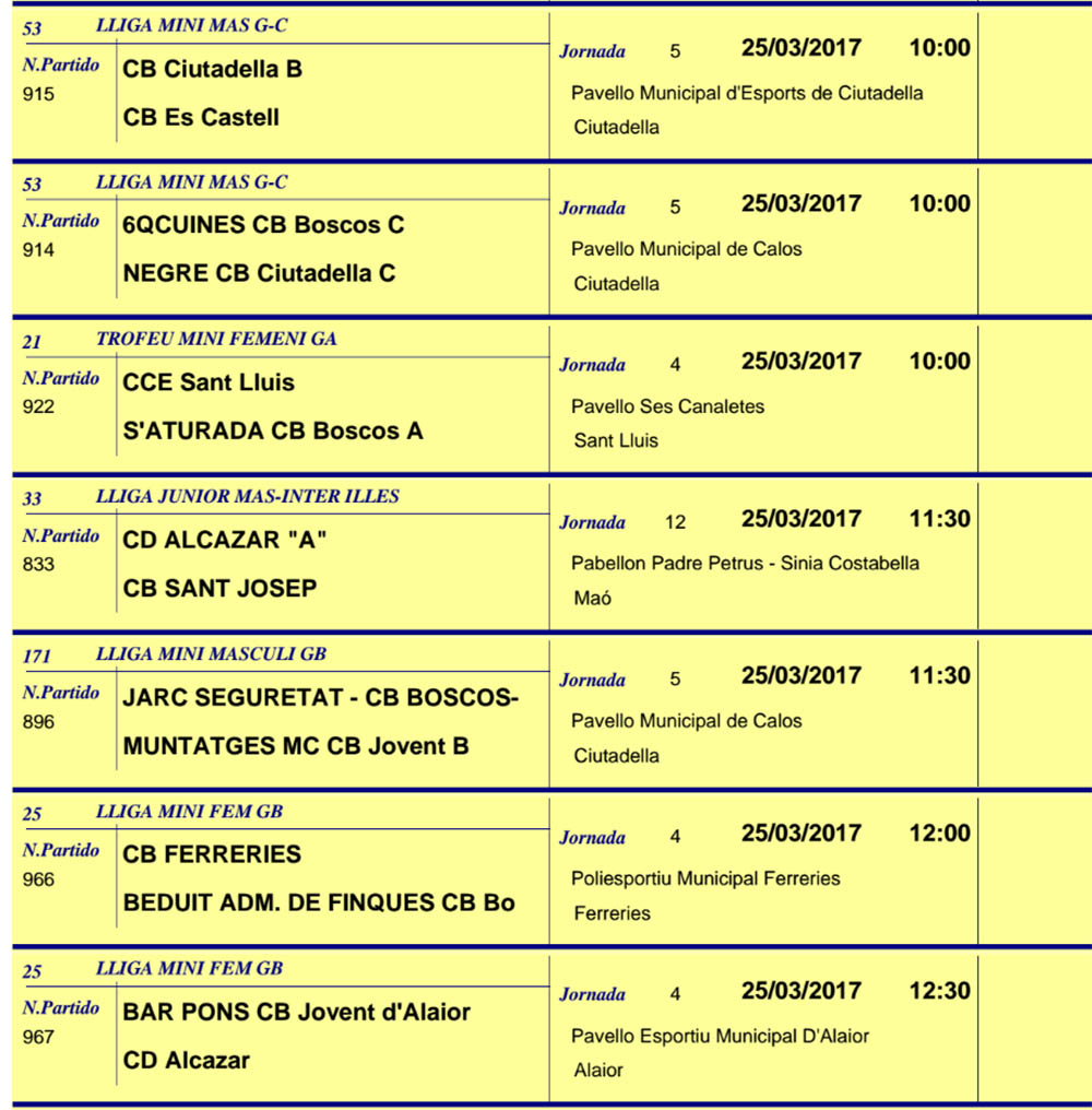 Horaris Basquet de Menorca