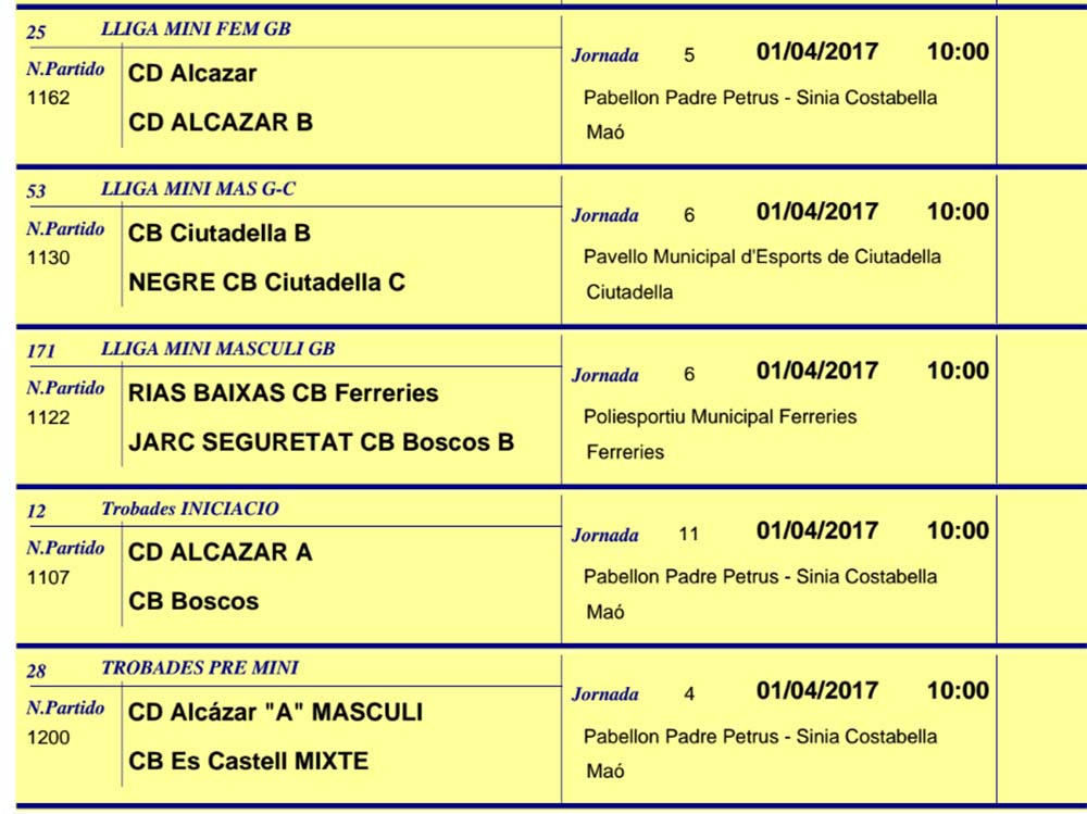Horaris Basquet de Menorca