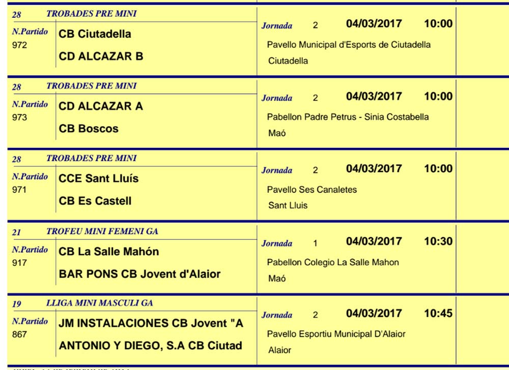 Horaris Basquet de Menorca