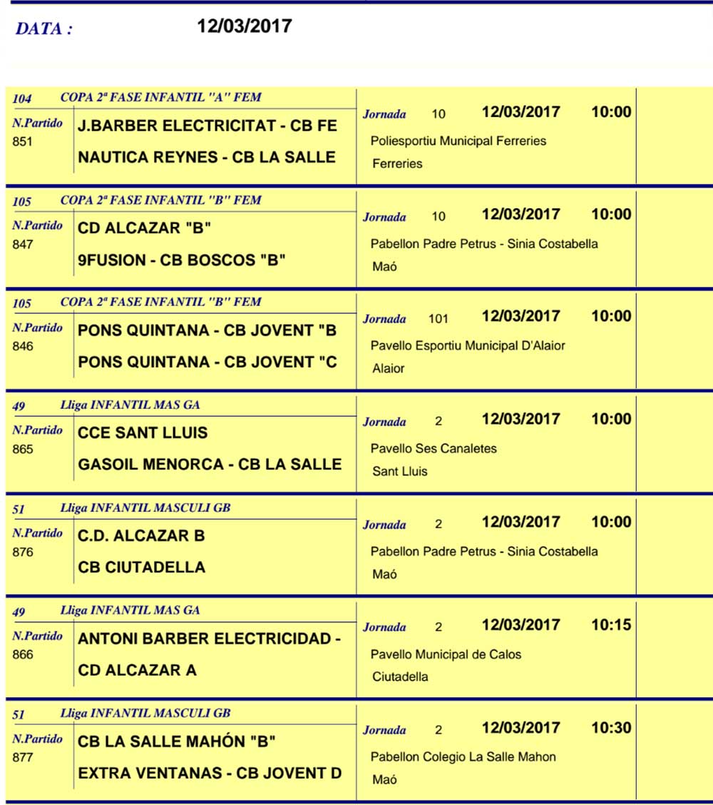 Horaris Basquet de Menorca