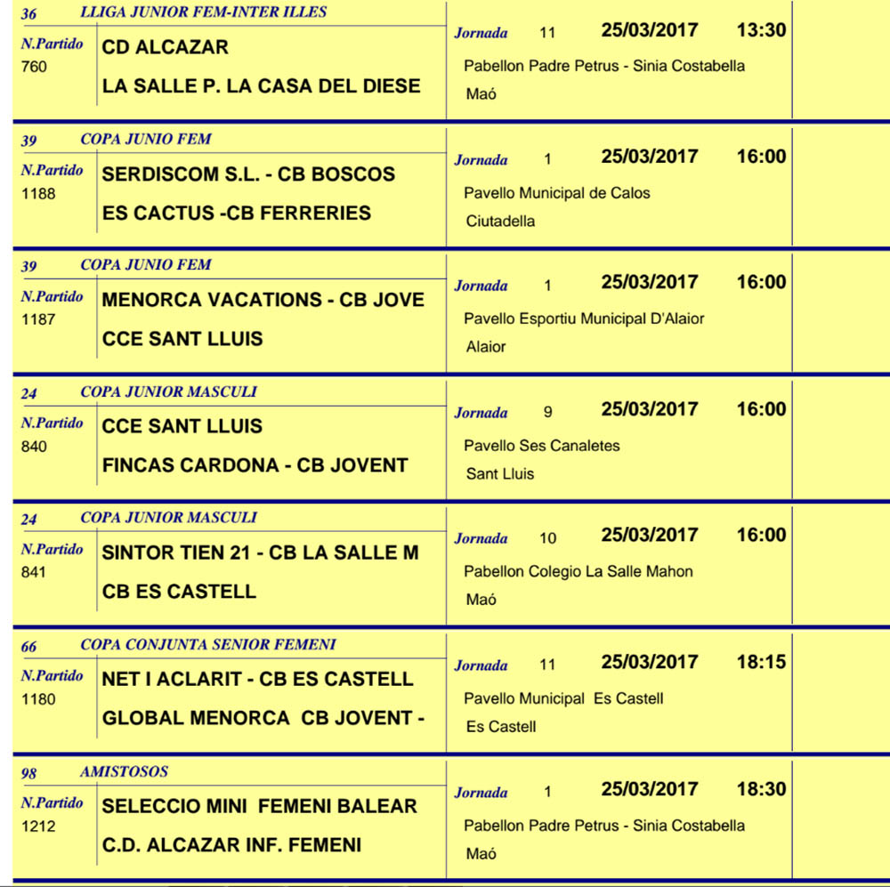 Horaris Basquet de Menorca