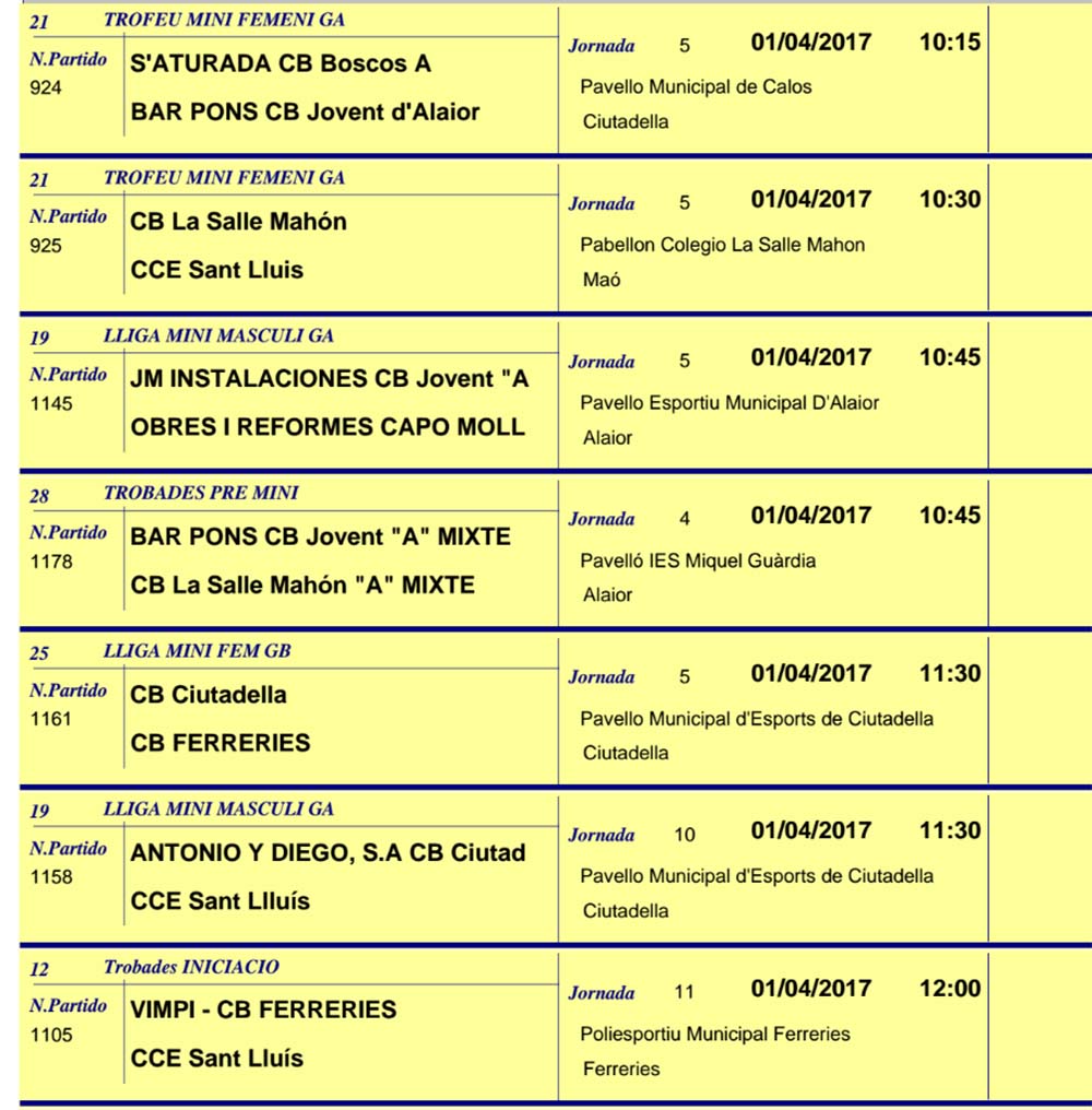 Horaris Basquet de Menorca