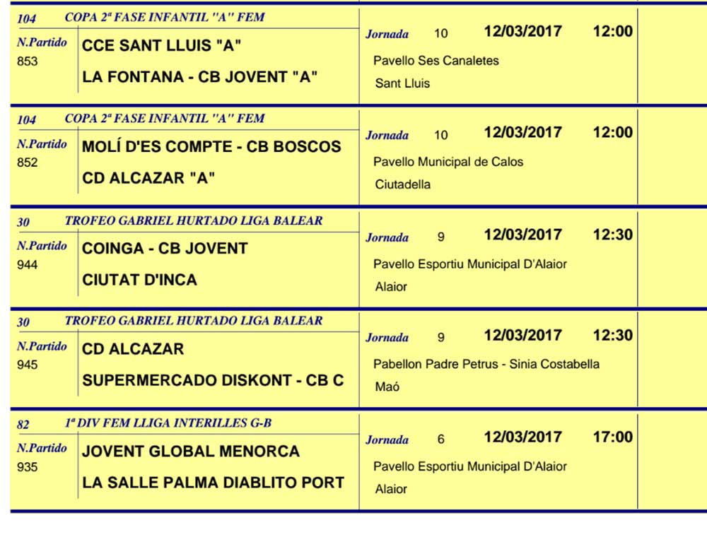 Horaris Basquet de Menorca