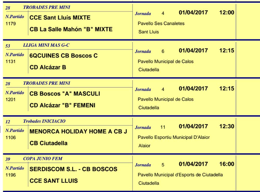 Horaris Basquet de Menorca