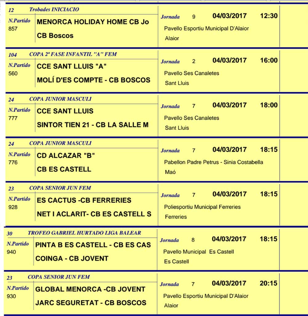 Horaris Basquet de Menorca