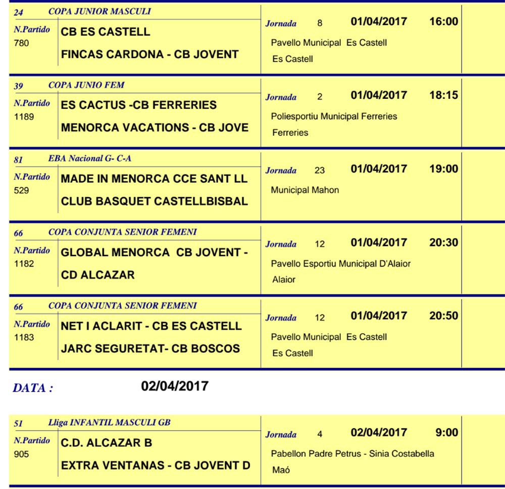 Horaris Basquet de Menorca
