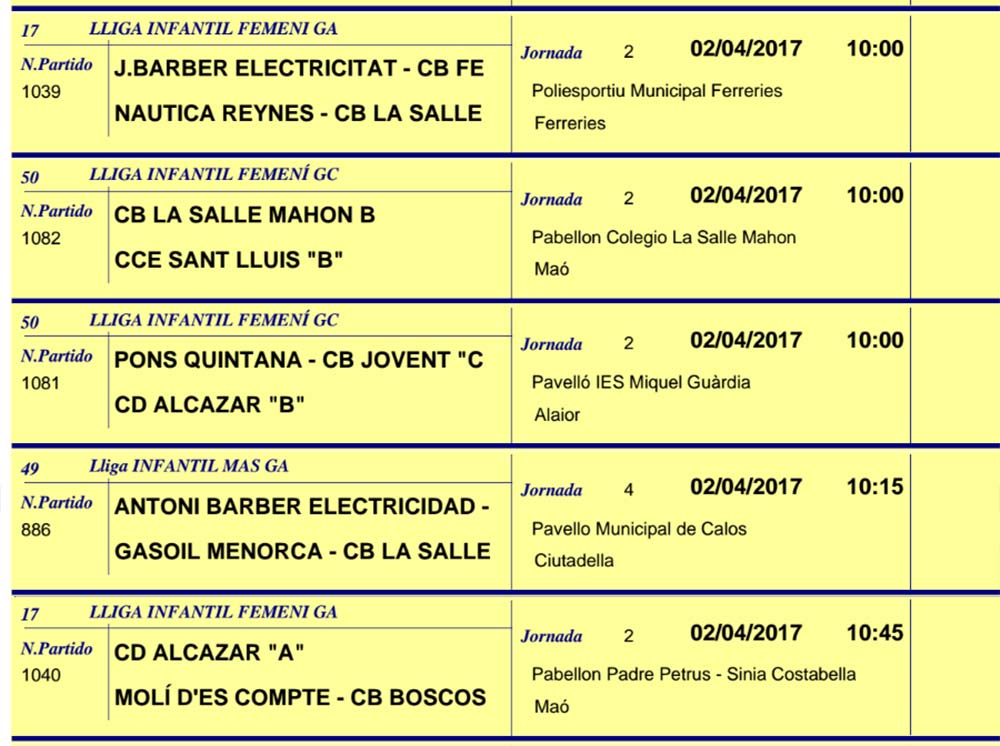 Horaris Basquet de Menorca