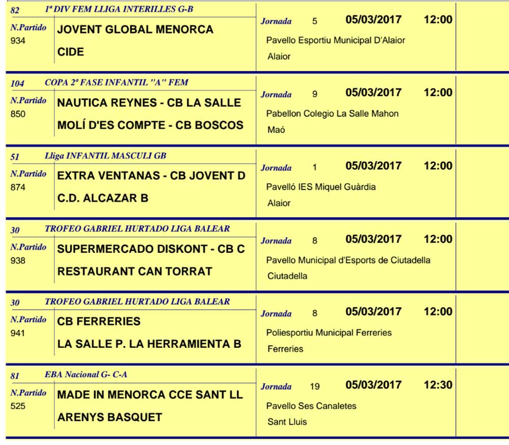 Horaris Basquet de Menorca