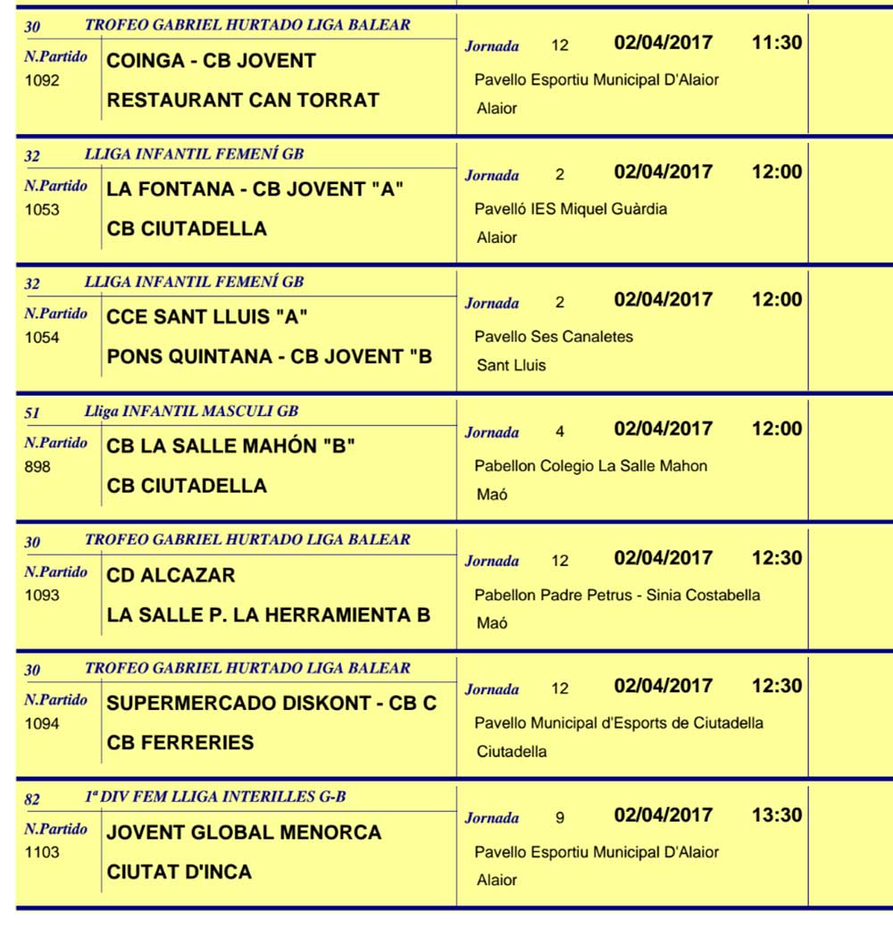 Horaris Basquet de Menorca