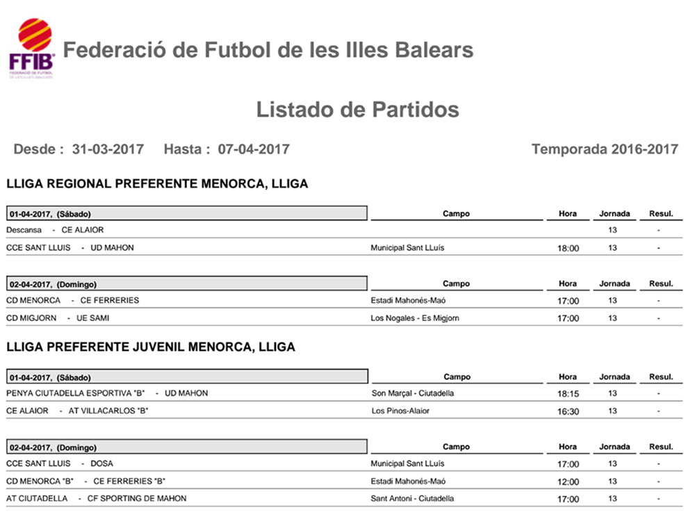 Horaris futbol de Menorca