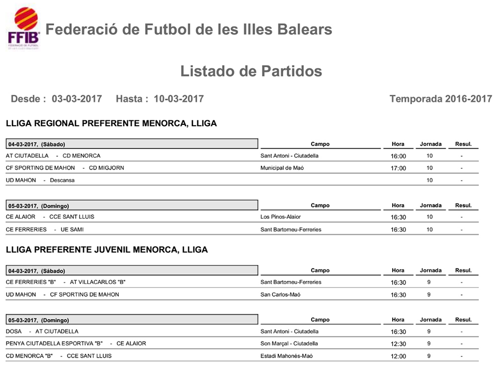 Horaris futbol de Menorca