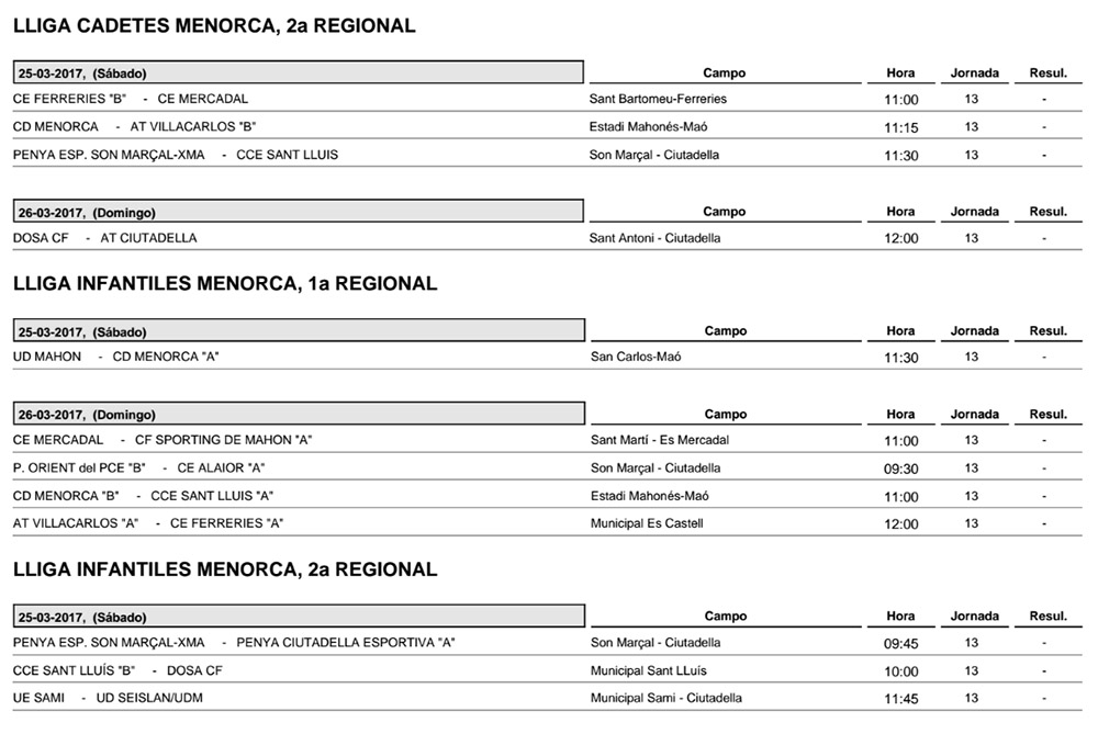 Horaris futbol de Menorca