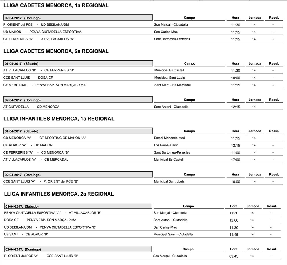 Horaris futbol de Menorca