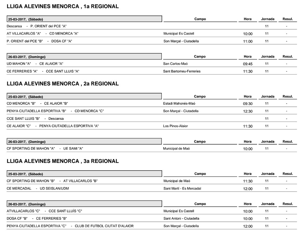 Horaris futbol de Menorca