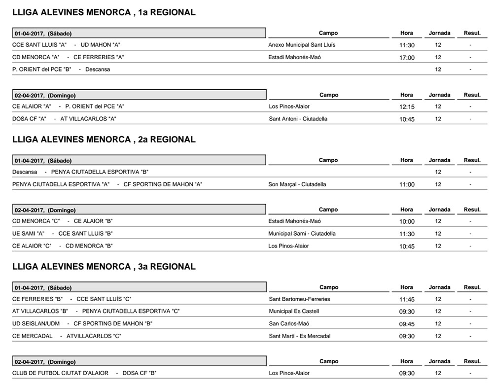 Horaris futbol de Menorca