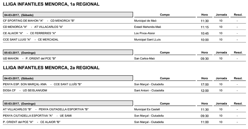 Horaris futbol de Menorca
