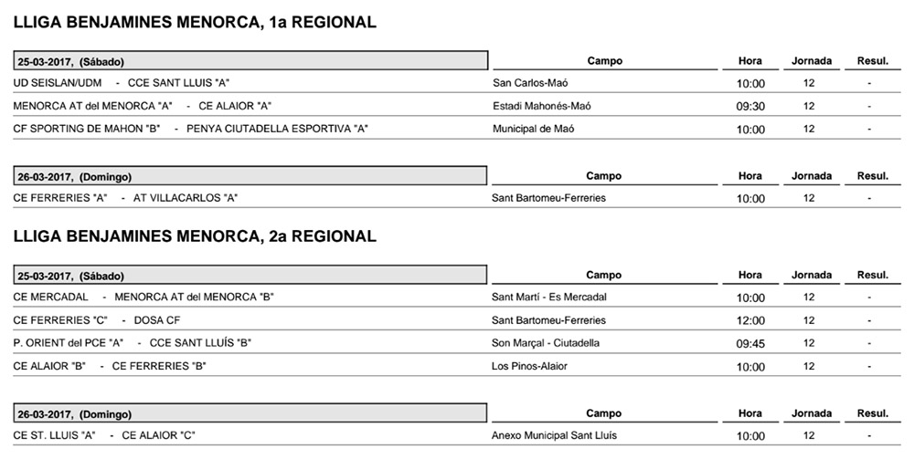 Horaris futbol de Menorca