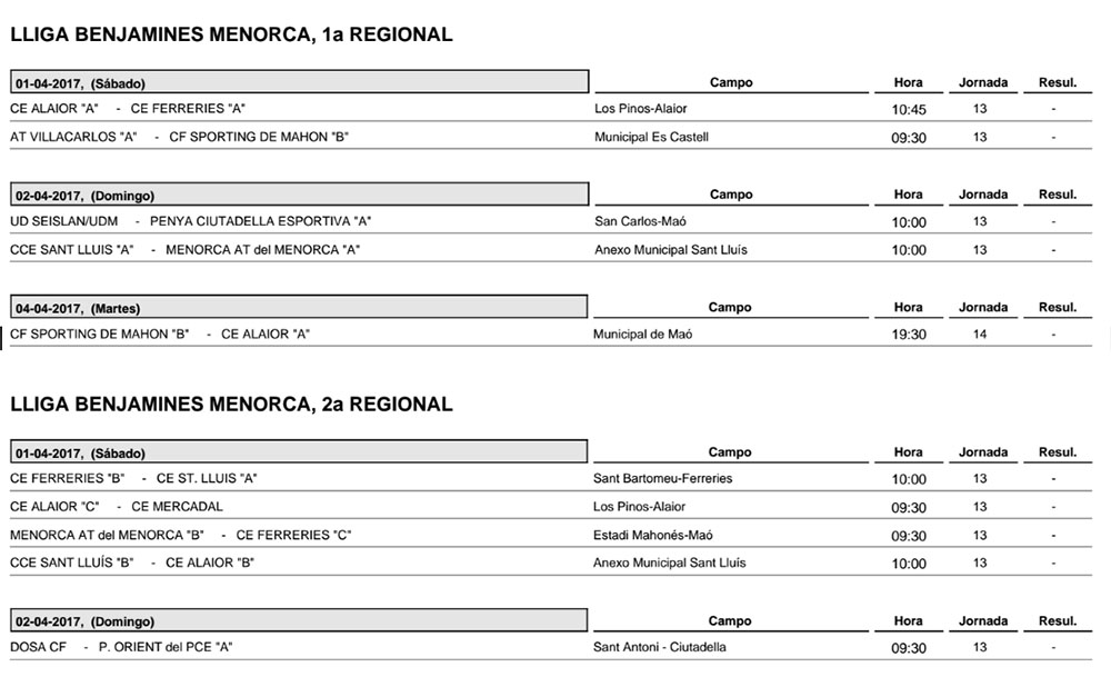 Horaris futbol de Menorca