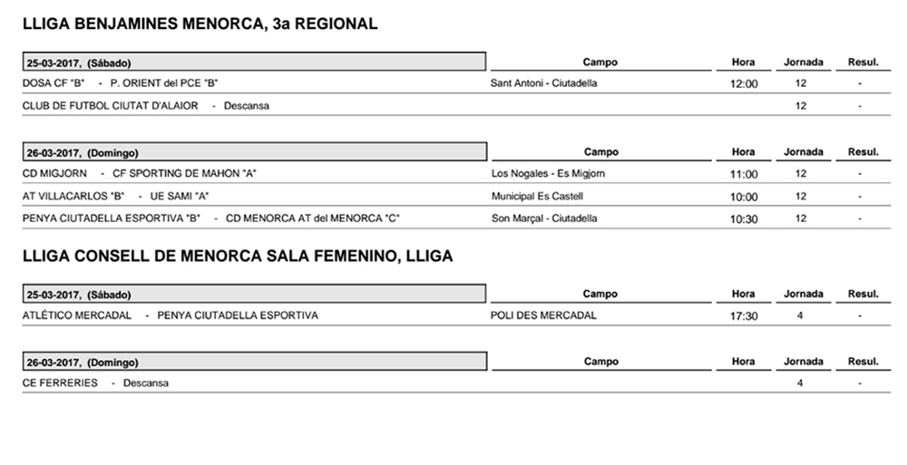 Horaris futbol de Menorca