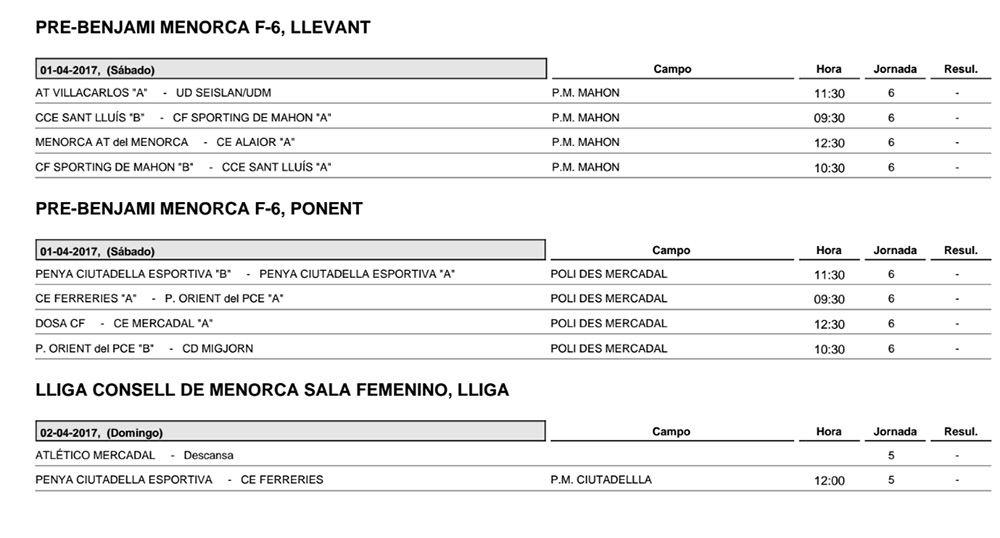 Horaris futbol de Menorca