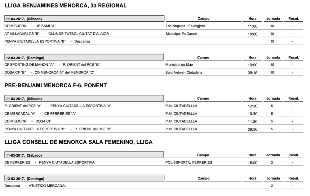 Horaris futbol de Menorca