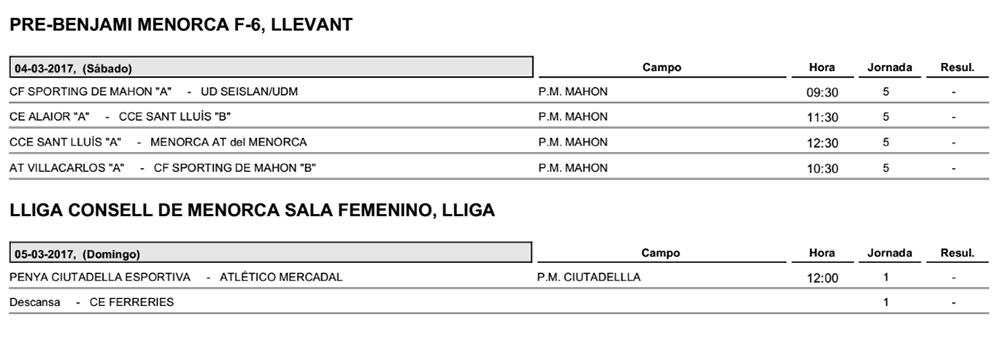 Horaris futbol de Menorca