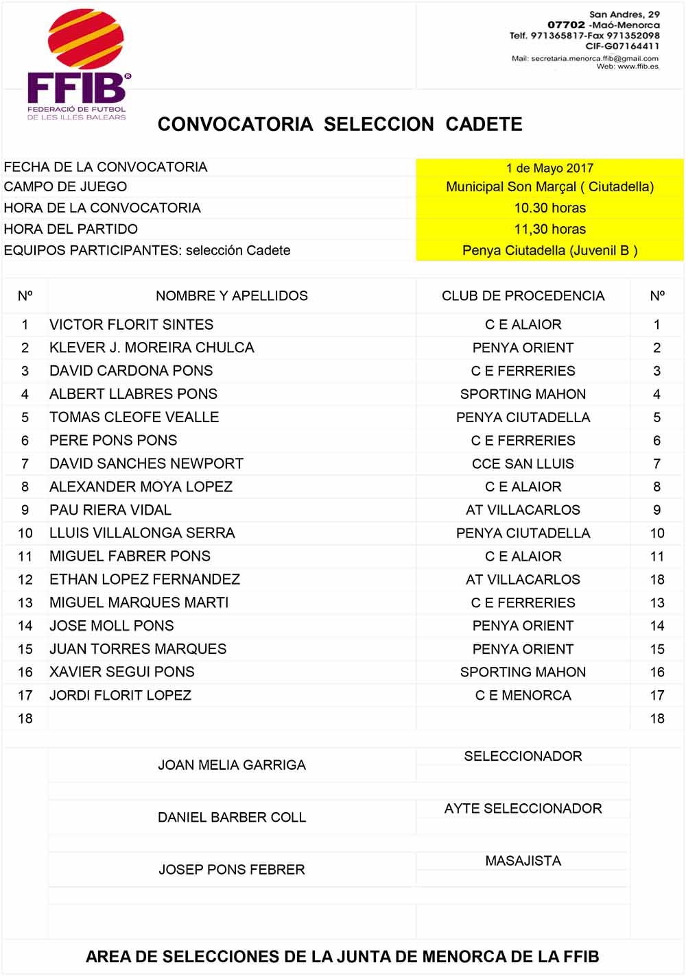 CONVOCATÒRIA SELECCIÓ CADET 170501