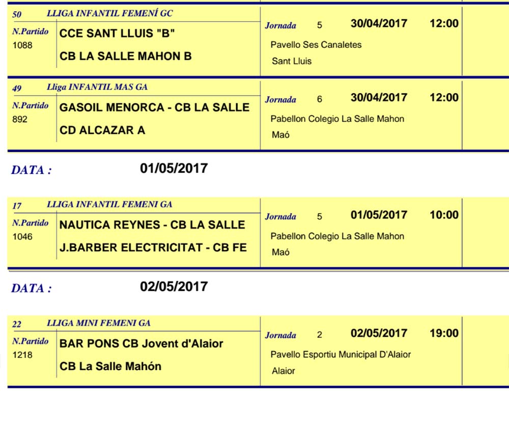 Horaris Basquet de Menorca