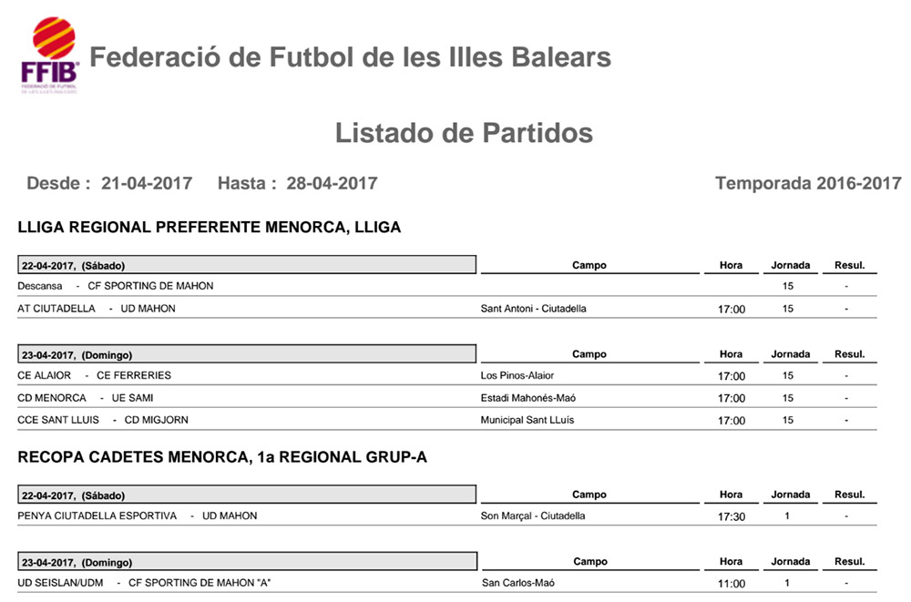 Horaris Futbol de Menorca